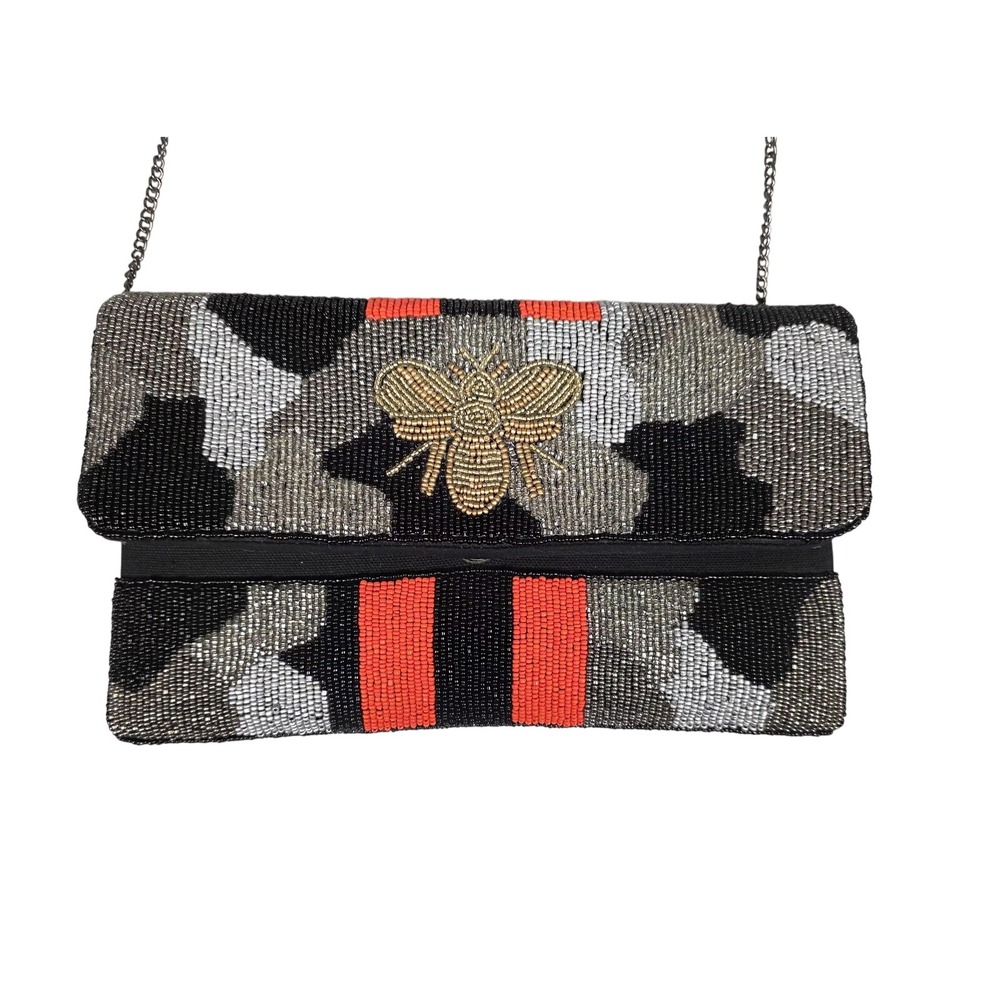Beaded Bee Camouflage Crossbody Clutch Purse Chain Strap Black Red Stripe Party